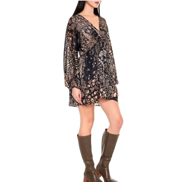 NEW Metallic Paisley‎ Plunging V-Neck Mini Dress, Black Multi, M, Bohemian Style - Picture 8 of 15